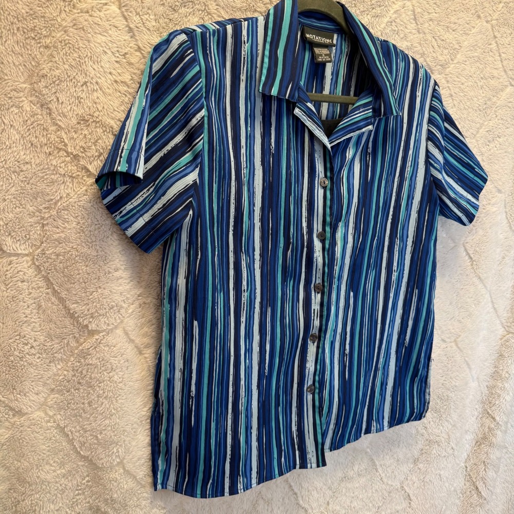 Notations‎ Womens Small 2 Piece Blouse Shell Set Blue Striped Button Front Top